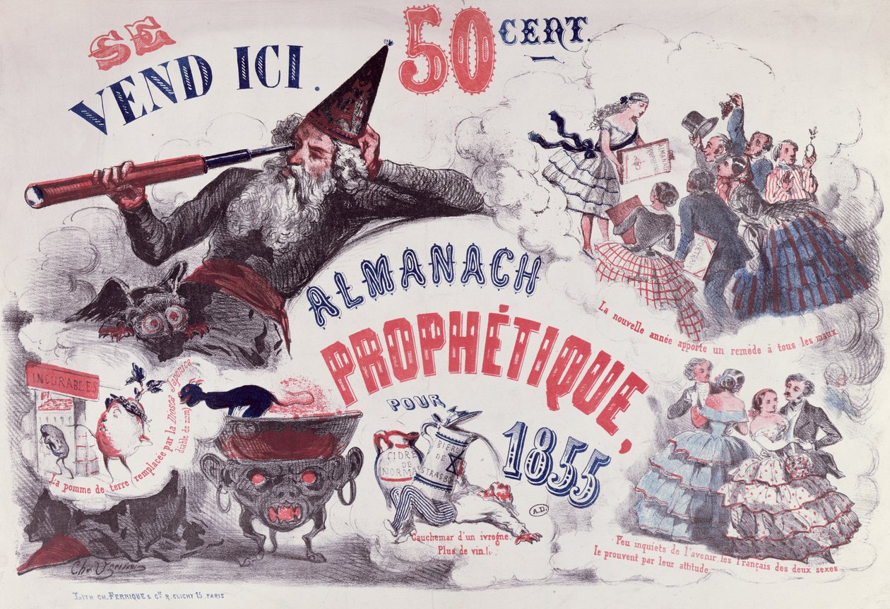 Portada de un almanaque profético que representa a Nostradamus, 1855 de French School