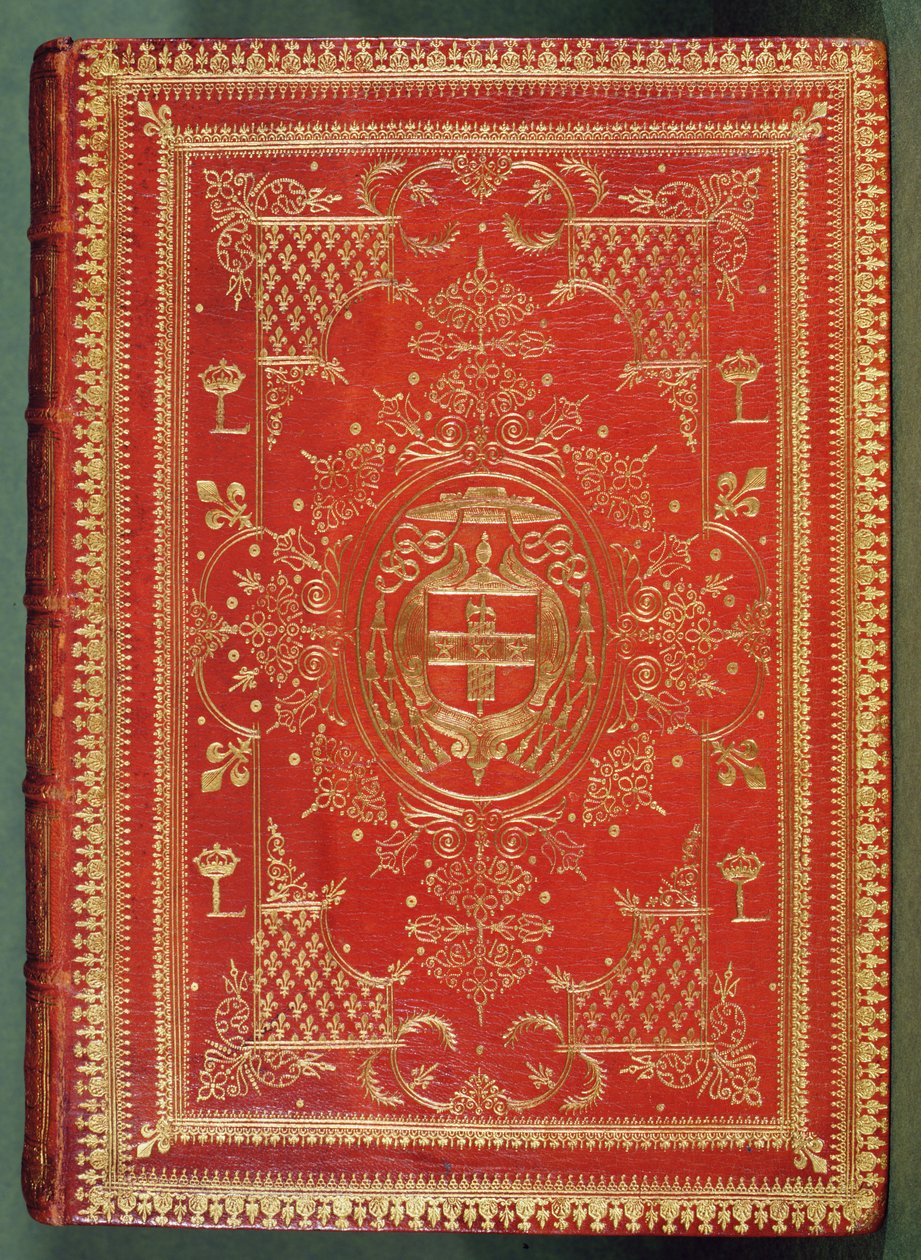 Cubierta de un libro propiedad del Cardenal Mazarino, con los emblemas del cardenal de estrellas y fasces, coronado por el galero y borlas de un cardenal de French School