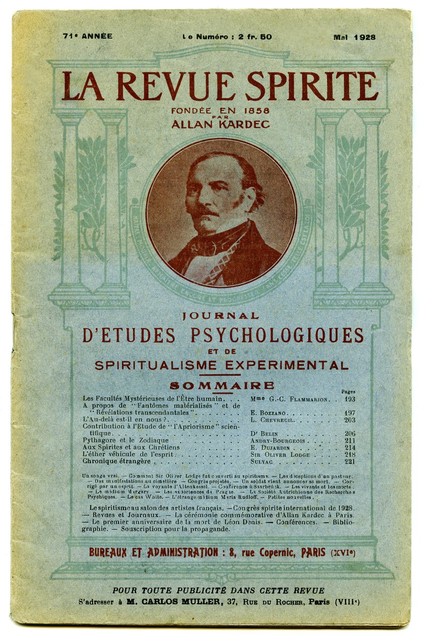 Portada de un número de "La revue spirite", una revista trimestral dedicada al espiritismo, estudios psicológicos y espiritualismo experimental, fundada por Allan Kardec de French School