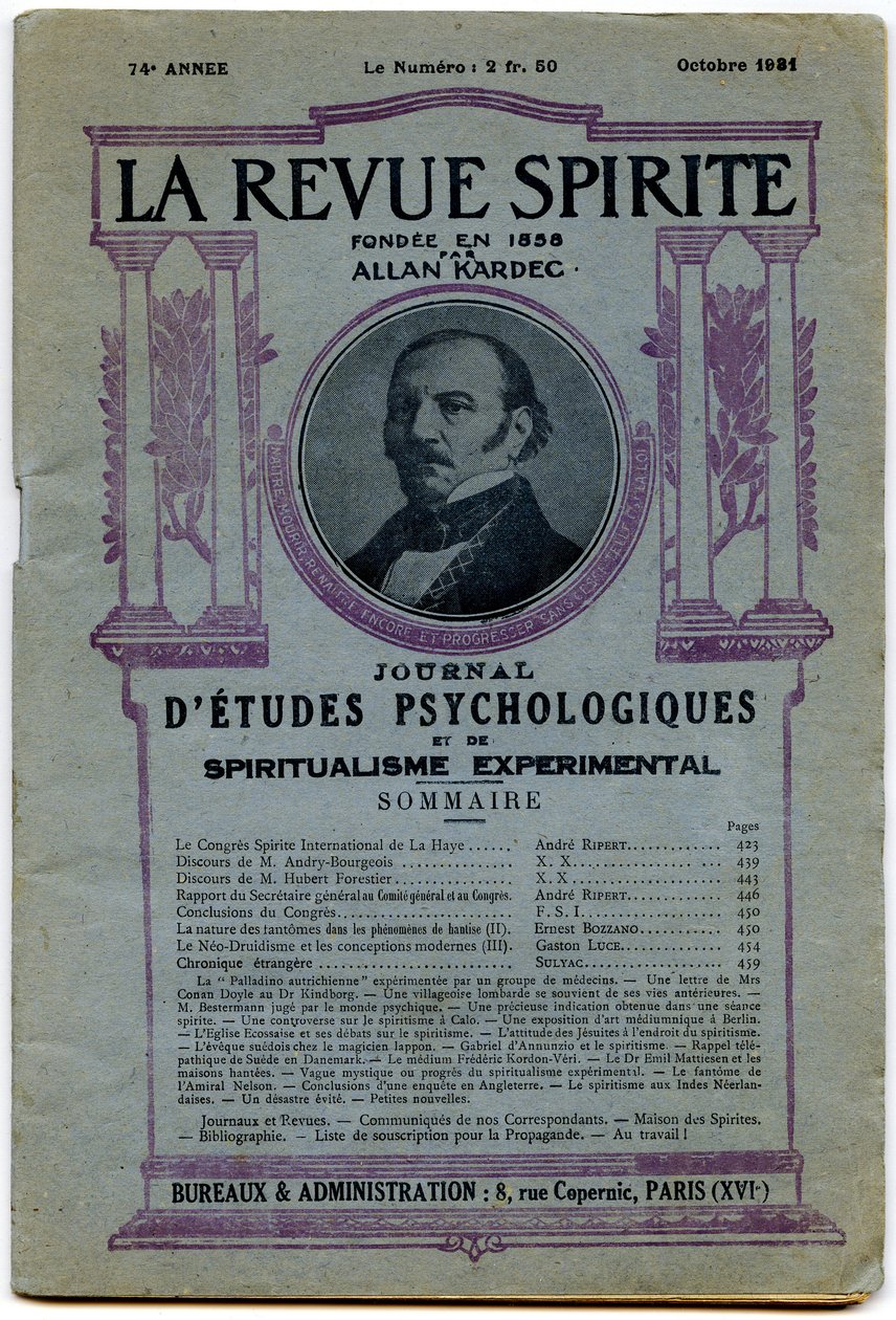 Portada de un número de "La revue spirite", retrato del fundador Allan Kardec, revista de octubre de 1931 de French School