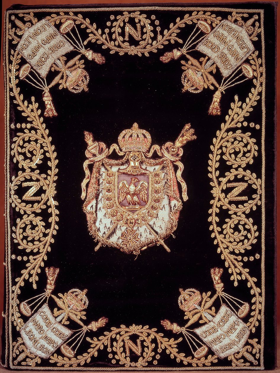 Portada de una de las doce ediciones originales del “Código civil de los franceses” promulgado por Napoleón Bonaparte el 21/03/1804. Está encuadernado en terciopelo bordado de oro y plata con emblema de justicia y armas del emperador. Ley de Derechos Civil de French School