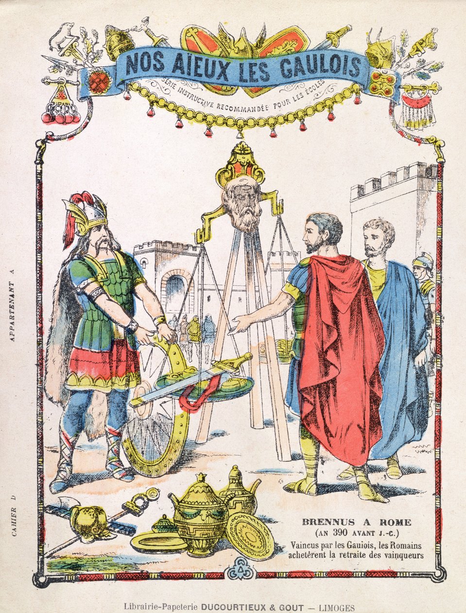 Portada de cuaderno escolar que representa la leyenda de Brennus (fl. c.389 a.C.) de French School