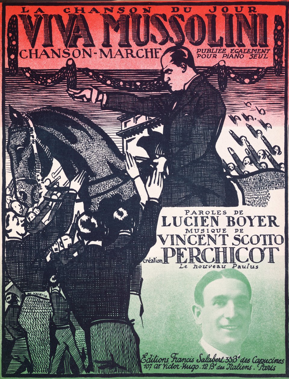 Portada de la partitura de Viva Mussolini por Vincent Scotto (1876-1952) y Lucien Boyer, años 1920 de French School