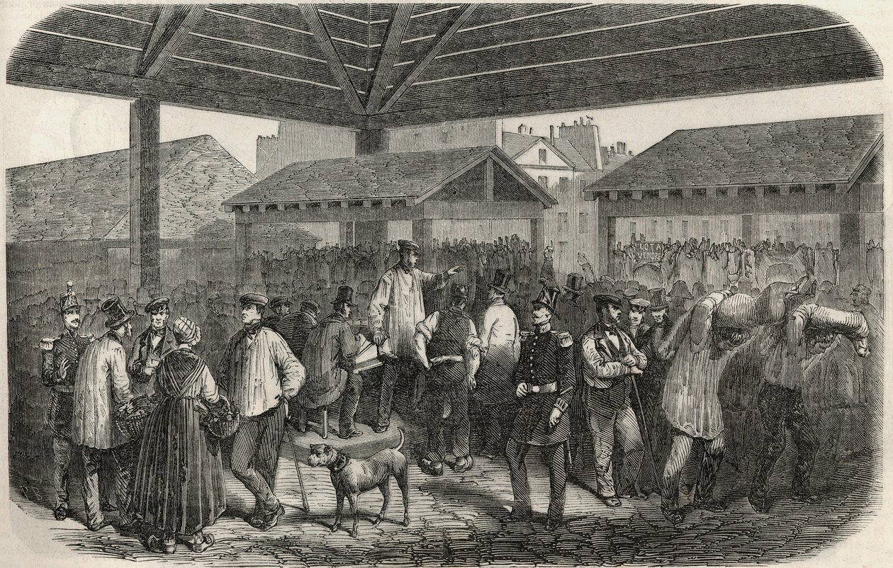 Mercado de carne en la rue des Prouvaires en el I distrito de París - Grabado en “Tableau-de-Paris” de Edmond Texier 1852 de French School