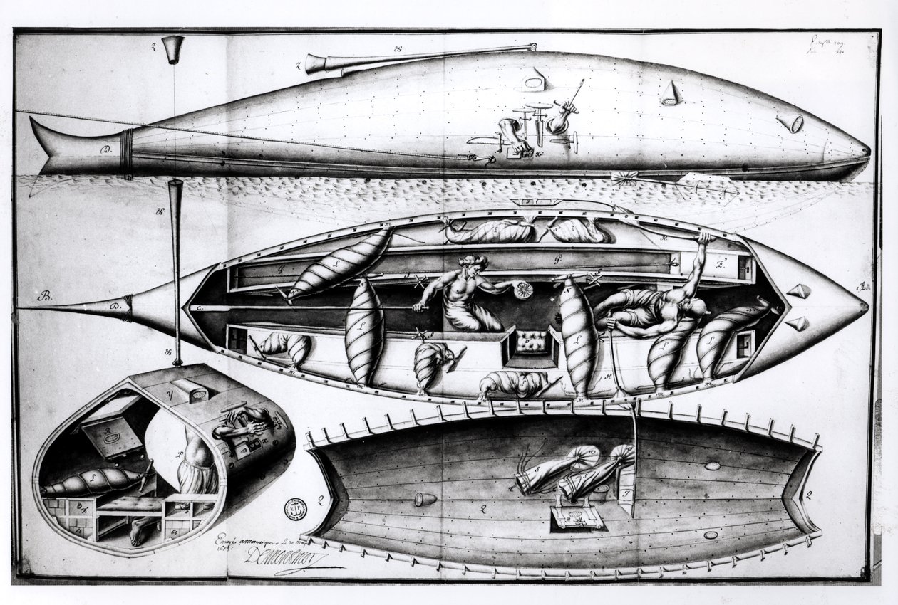 Sección transversal de un submarino, de un manuscrito, marzo 1689 de French School