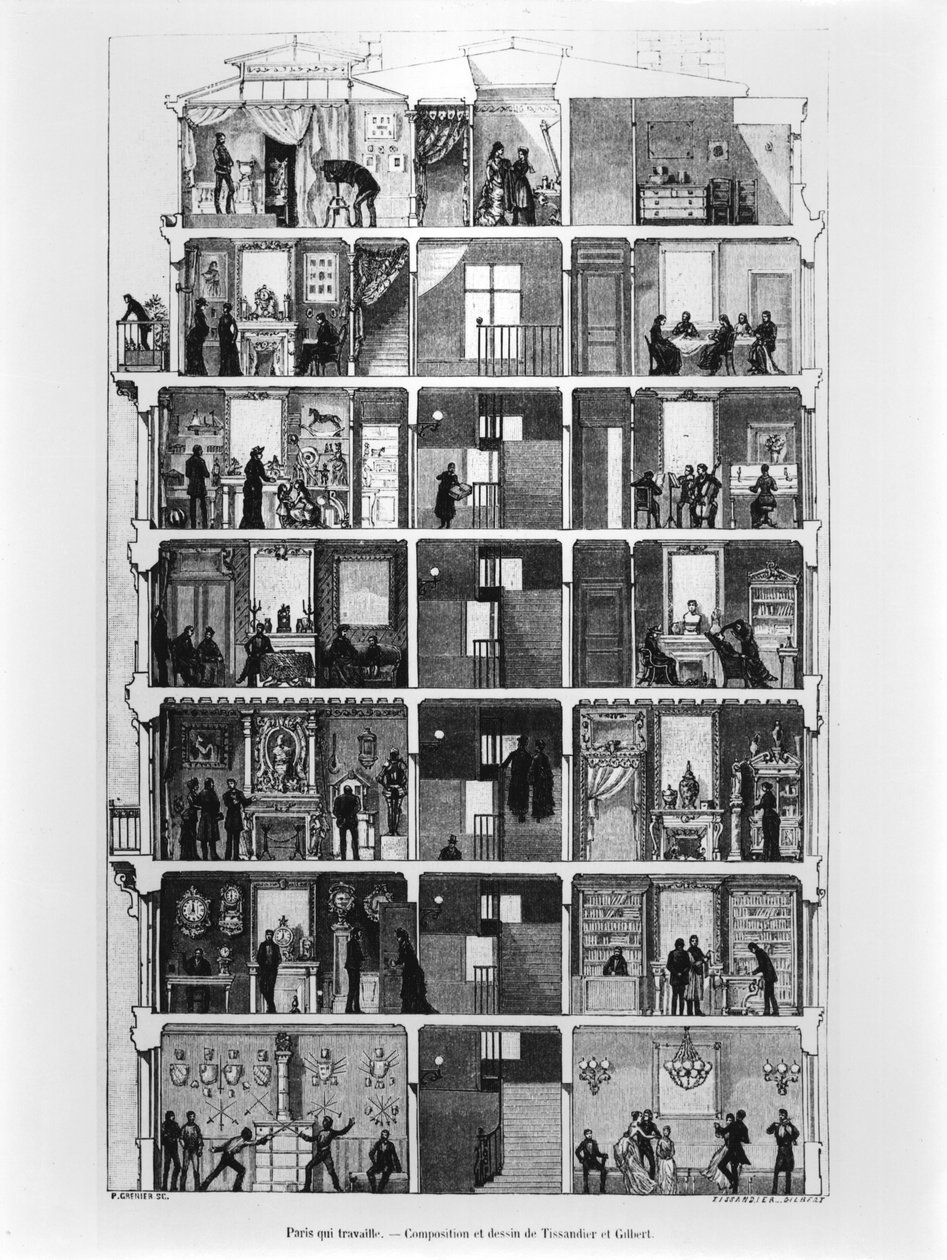 Sección transversal de un edificio parisino, ilustración de Le Magasin Pittoresque, 1883 de French School