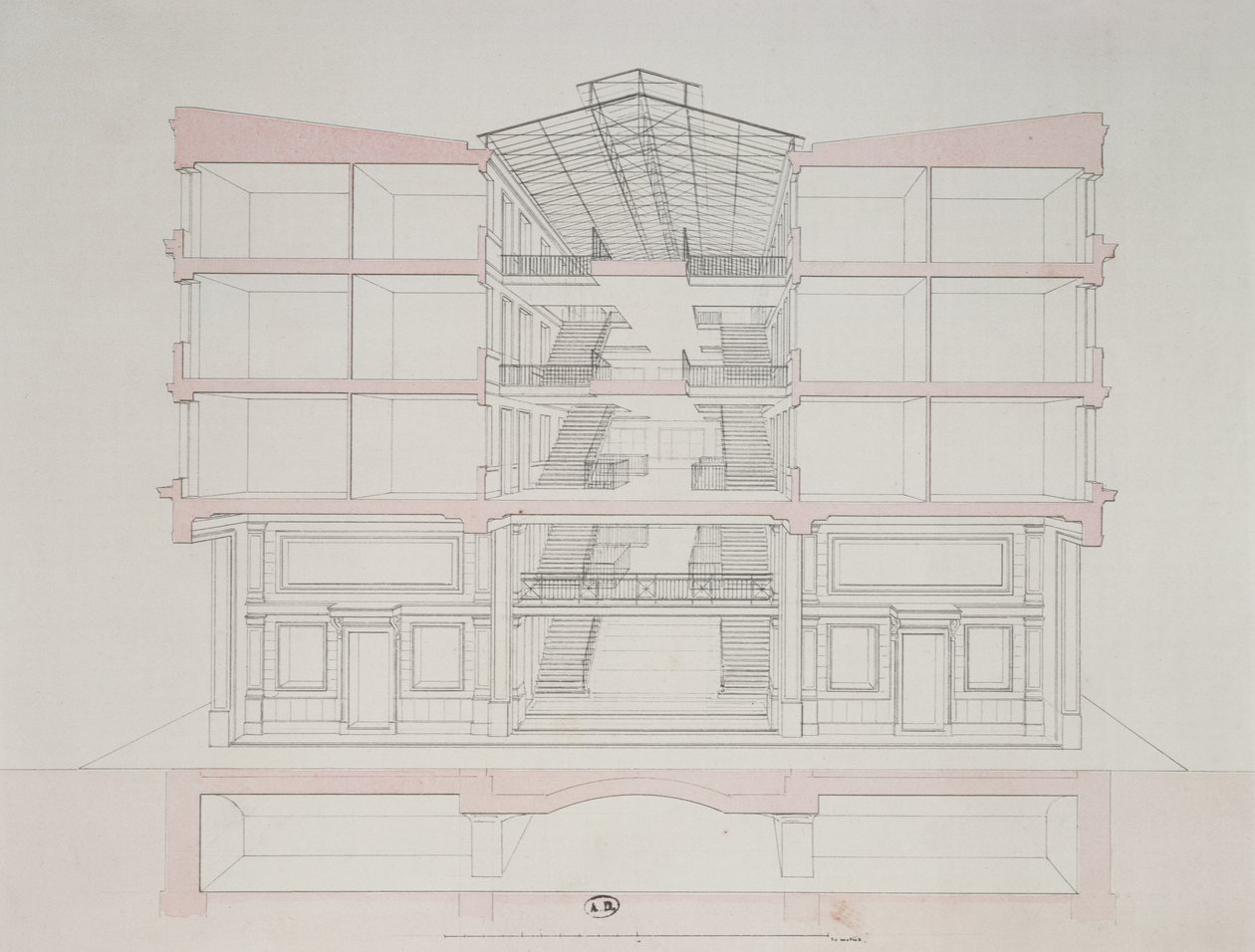 Sección transversal de una casa en el desarrollo de viviendas de Napoleón, 58 rue Rochechouart, París, 1849 de French School