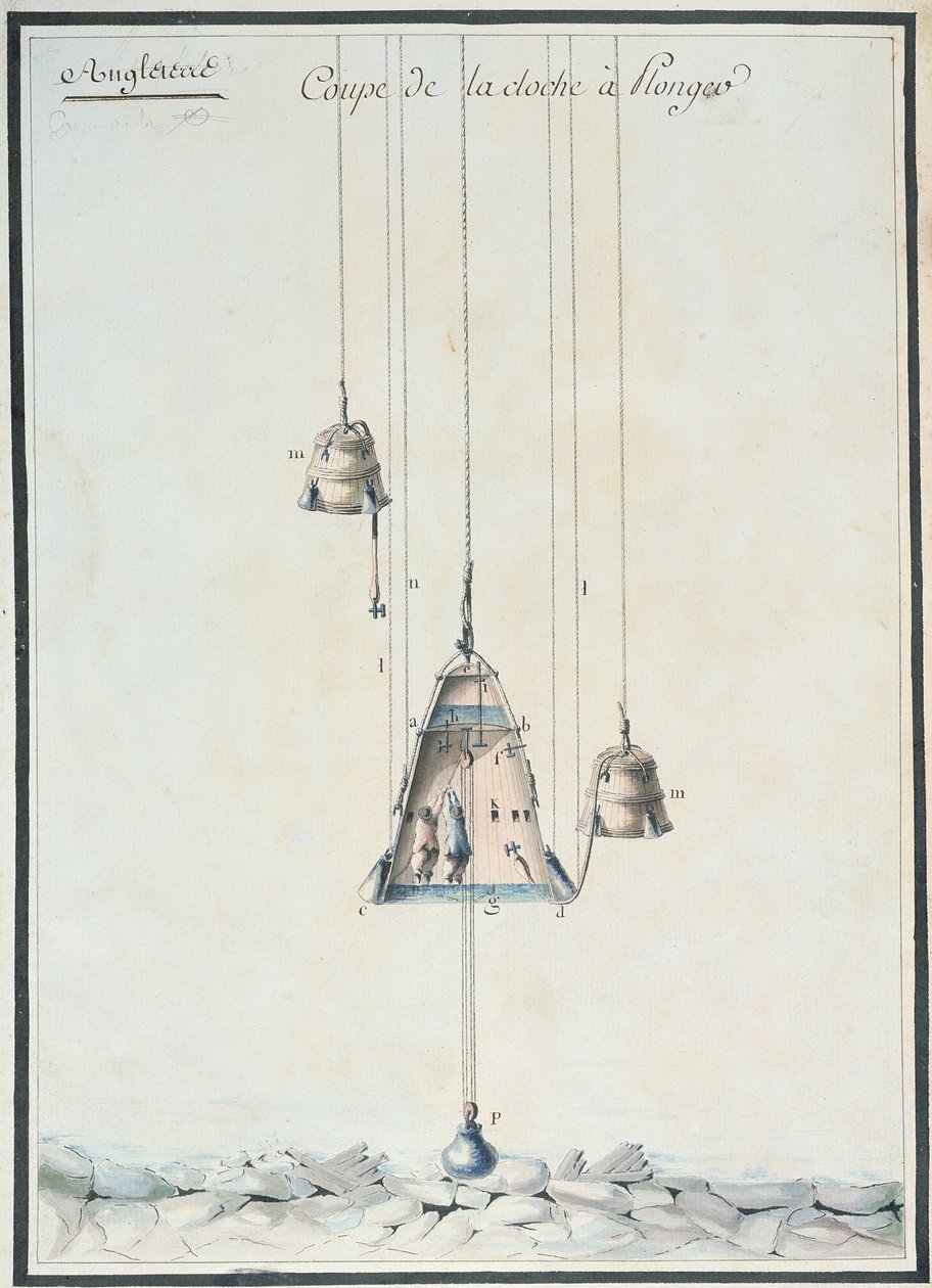 Dibujo en sección transversal de una campana de buceo, 1785 de French School