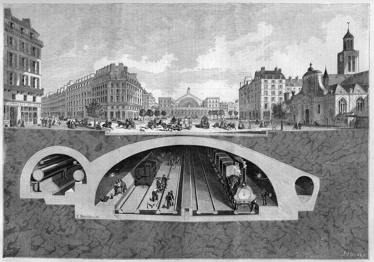 Sección transversal que representa el proyecto de ferrocarril subterráneo en París, desde la Vilette hasta los mercados centrales, en 1861. Grabado en “Le Monde Illustré” n°213 del 11 de mayo de 1861. de French School