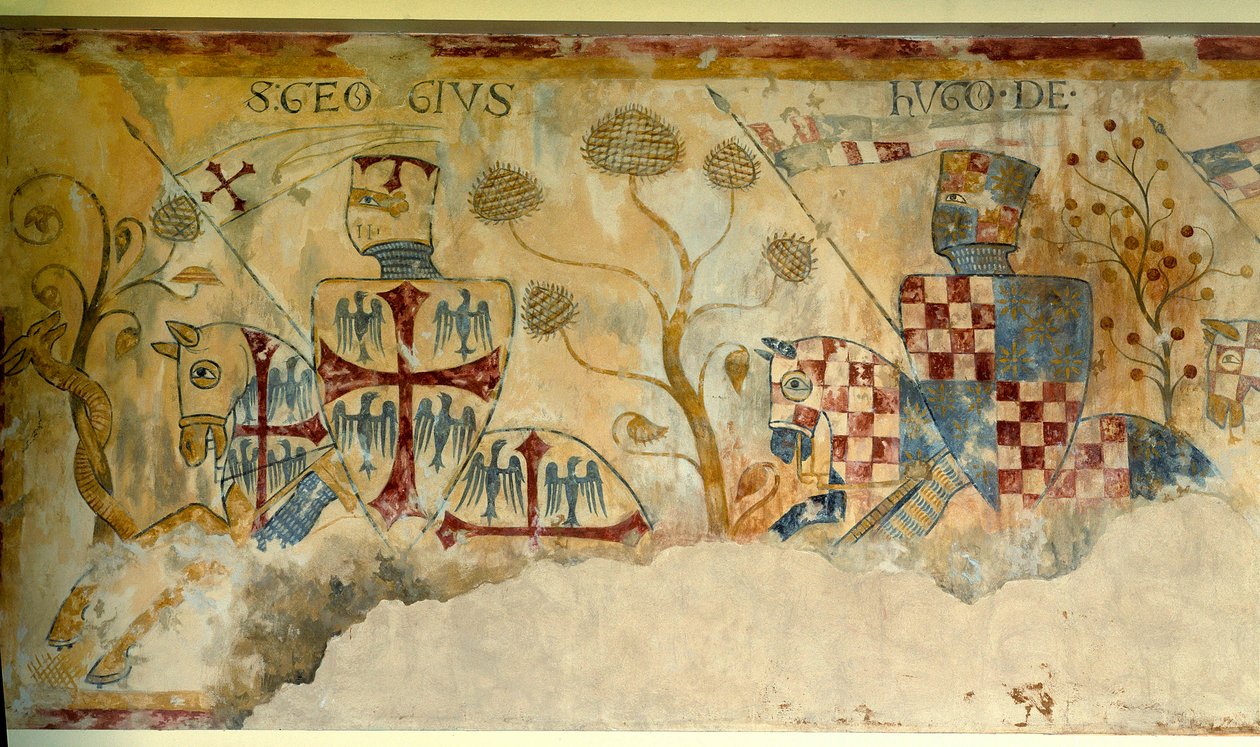 Cruzada: partida de los Caballeros para la Cruzada: representación de San Jorge y Hugo I de Vermandois o Hugo XII de Lusignan (detalle) de French School