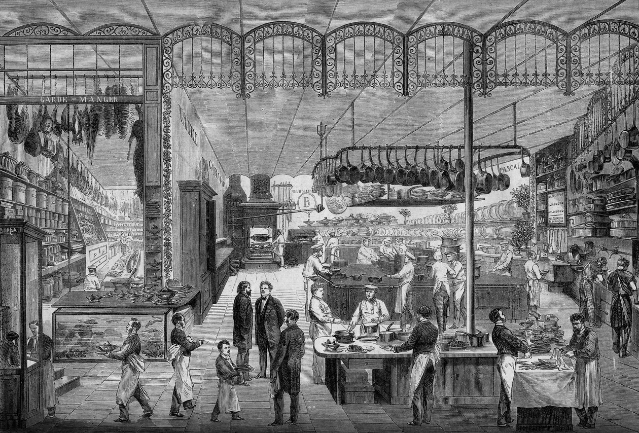 Cocineros y camareros trabajando en las cocinas del café Riche, en París, en 1866. Grabado en ""Le Monde Illustre"" n°499 del 3 de noviembre de 1866. de French School