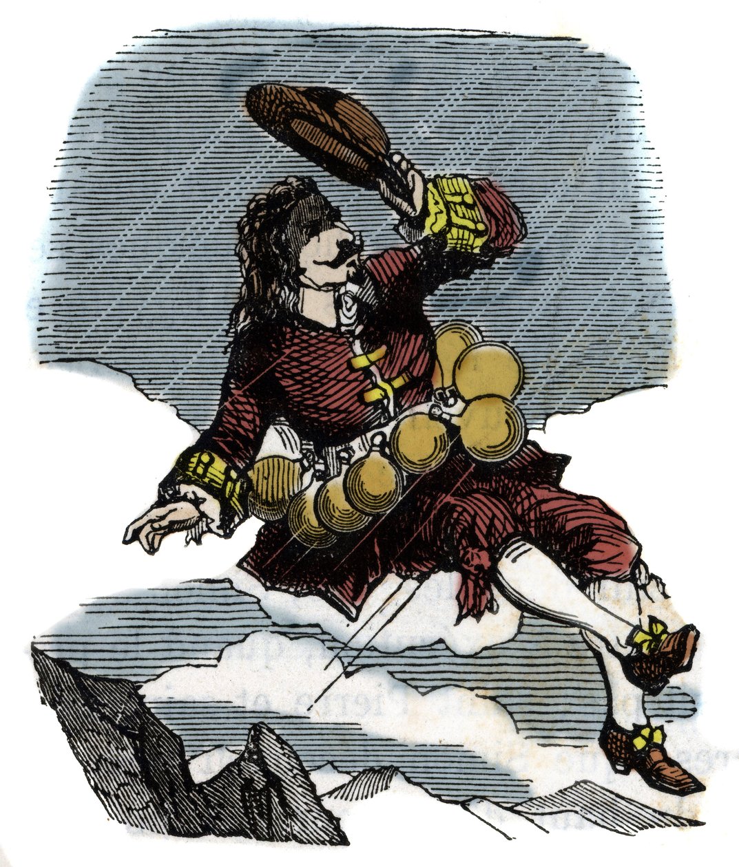 Cyrano de Bergerac se eleva en el cielo gracias a frascos de rocío y viaja a la luna, ilustración de la novela de Hércules Savinien Cyrano de Bergerac (1619-1655): "El otro mundo" de French School