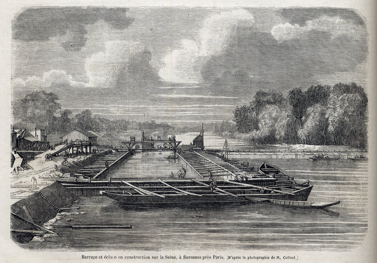 Represa rota en el Sena en Suresnes en 1866 - Grabado - Le Monde Illustré 1866 de French School