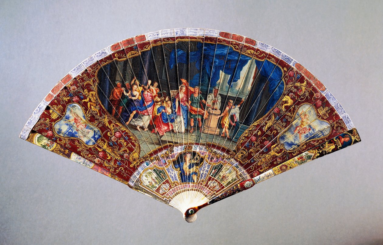 Abanico estilo Vernis Martin dañado que representa la Boda de la Nobleza, cuero de cisne con guardia de marfil pintado, altura 20.5 cm de French School