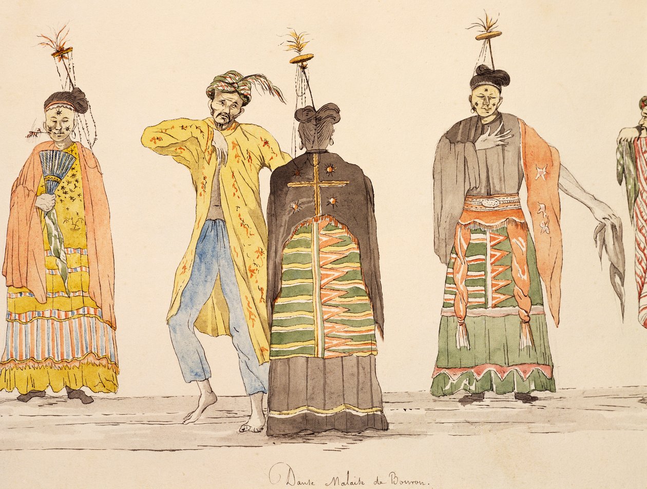 Danza indígena de Buru, Molucas, acuarela de Jules-Louis Lejeune, basada en Viaje alrededor del mundo de French School