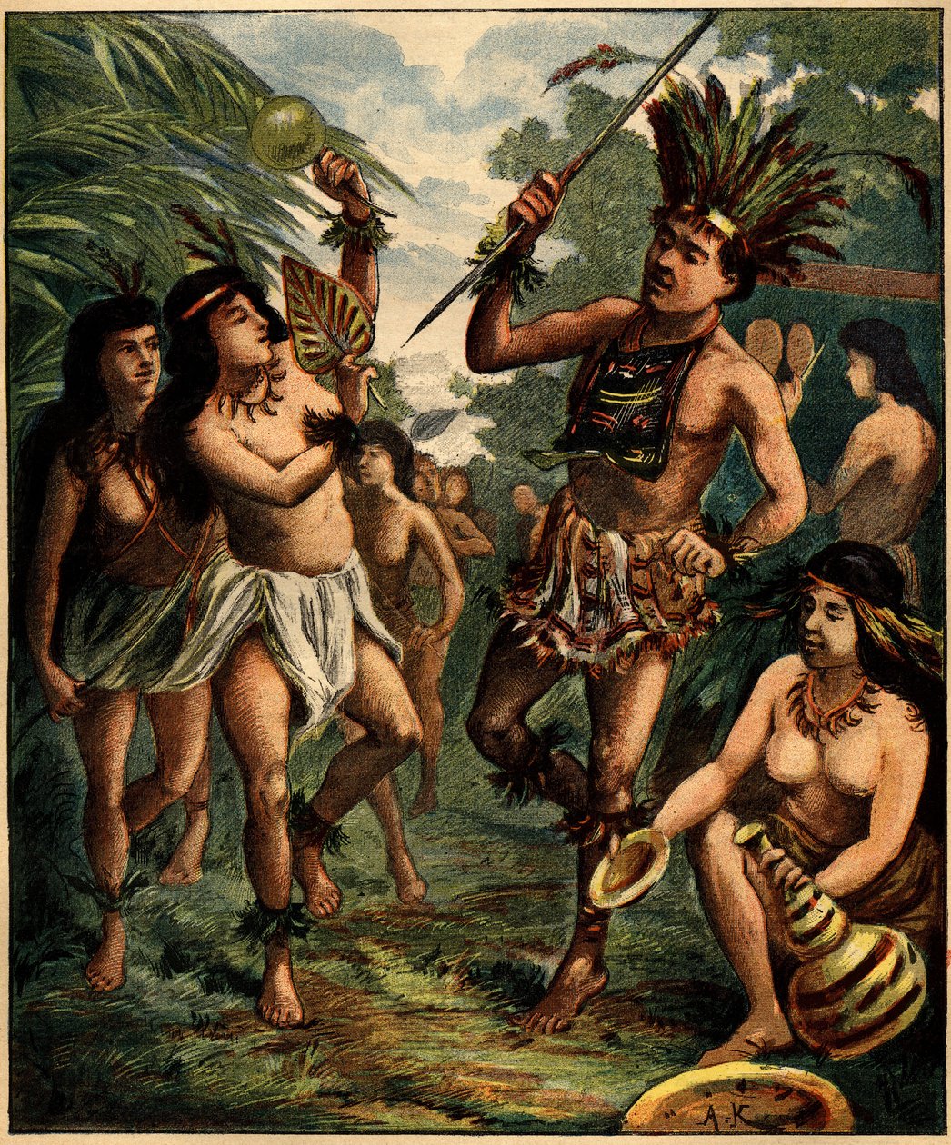 Danza de los indios Roucouyan en el Caribe. Grabado en "La Terre Illustree" n°77 del 21 de abril de 1892 de French School