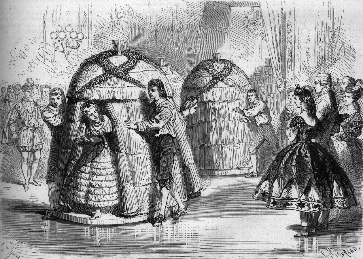 Espectáculo de danza en el baile de disfraces dado por la Emperatriz Eugenia de Montijo: “La llegada de las colmenas”. Cuatro bailarinas abeja salen de las colmenas. Grabado en “Le Monde Illustré” n°305 del 14 de febrero de 1863. de French School
