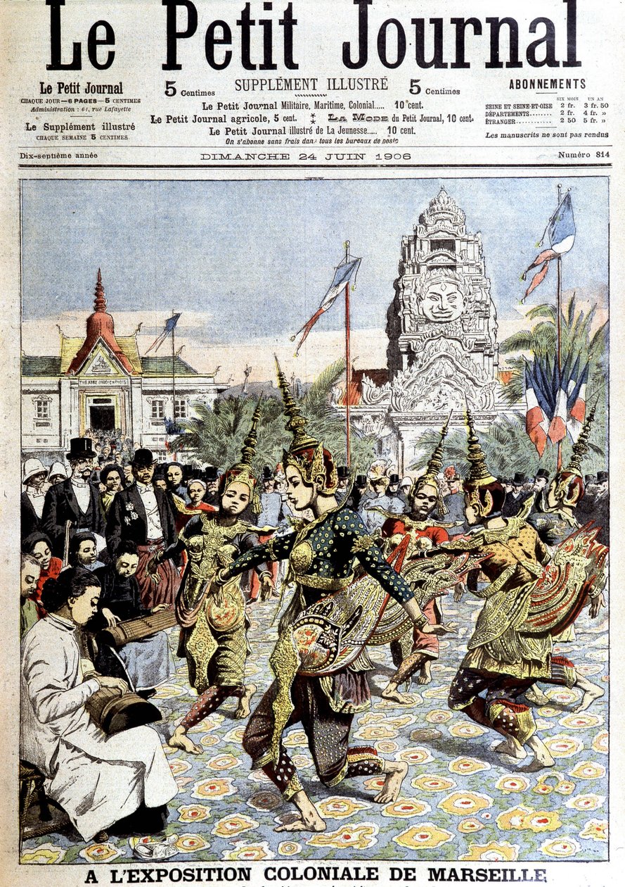 Bailarinas del Rey Sisowath, interpretando la danza de las ninfas en el bosque, en la exposición colonial de Marsella. En “Le petit journal”, el 24/06/1906 (grabado) de French School