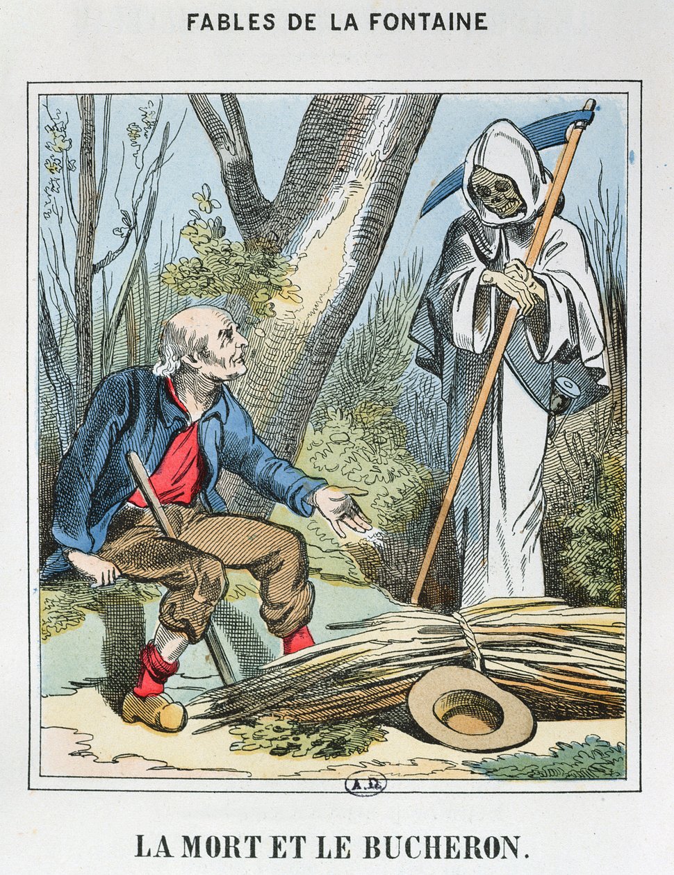 La Muerte y el Leñador (grabado a color) de French School