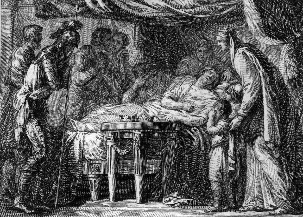 Muerte de Childeberto II (570-596), rey de Neustria, Orleans y Borgoña, como resultado de un envenenamiento. 596. Grabado del siglo XVIII de French School