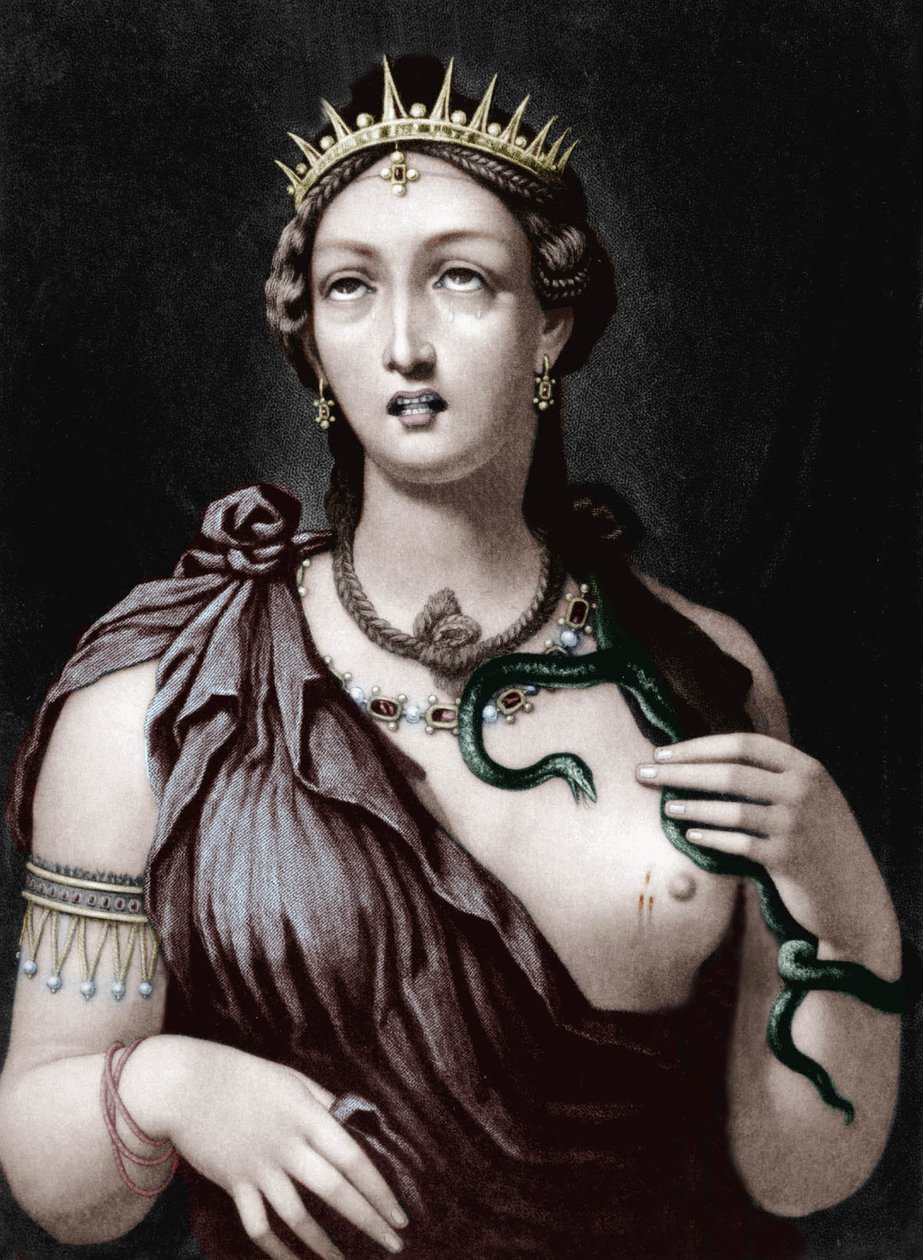 Muerte de Cleopatra VII, reina macedonia de Egipto (grabado en color) de French School