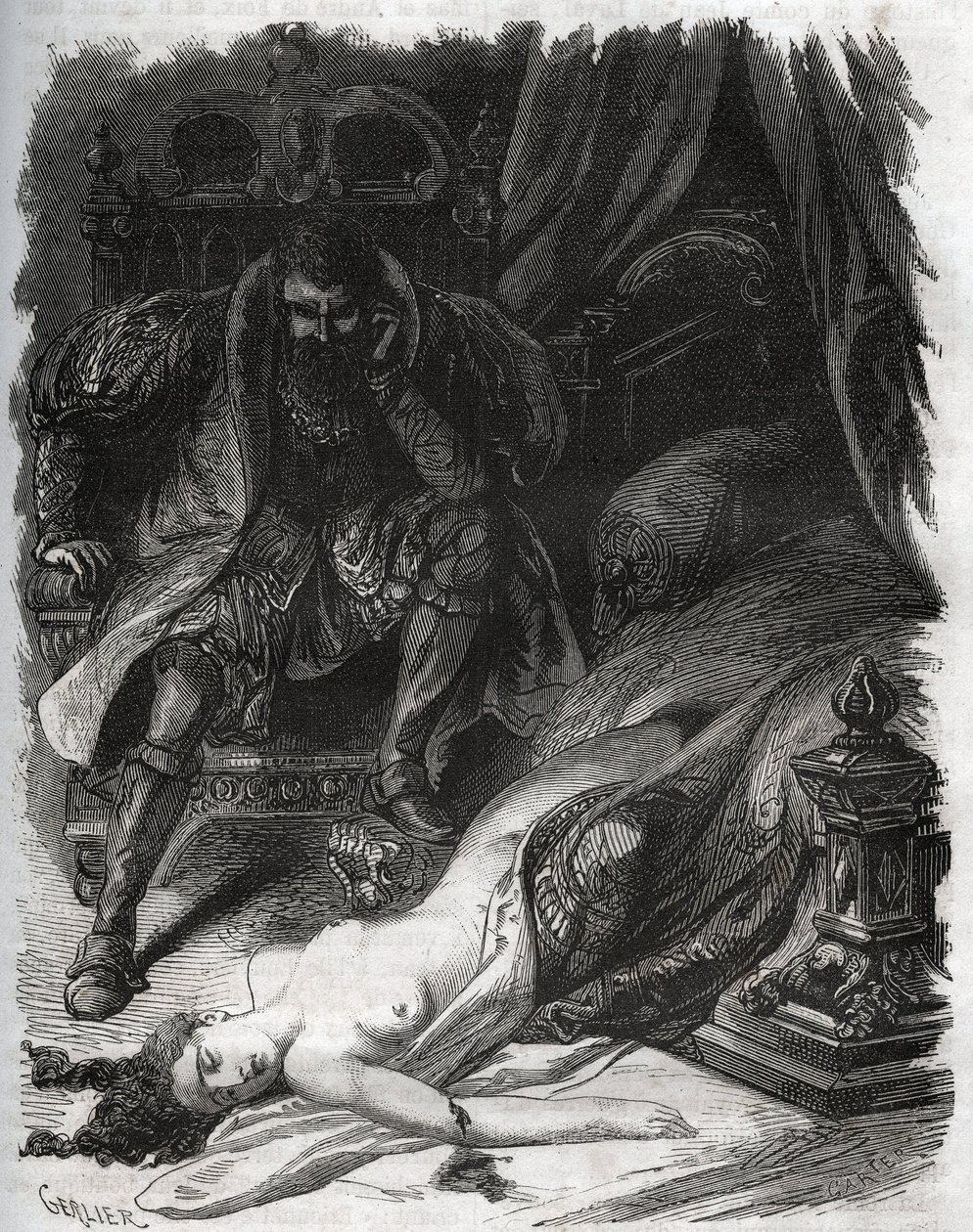 Muerte de Francoise de Foix, Condesa de Chateaubriant (ca. 1495-1537), asesinada por su esposo Jean de Laval Conde de Chateaubriant (Laval-Chateaubriant) (1486-1543), quien así se vengó de las infidelidades de su esposa. Grabado de 1871 en "Histoire Des de French School