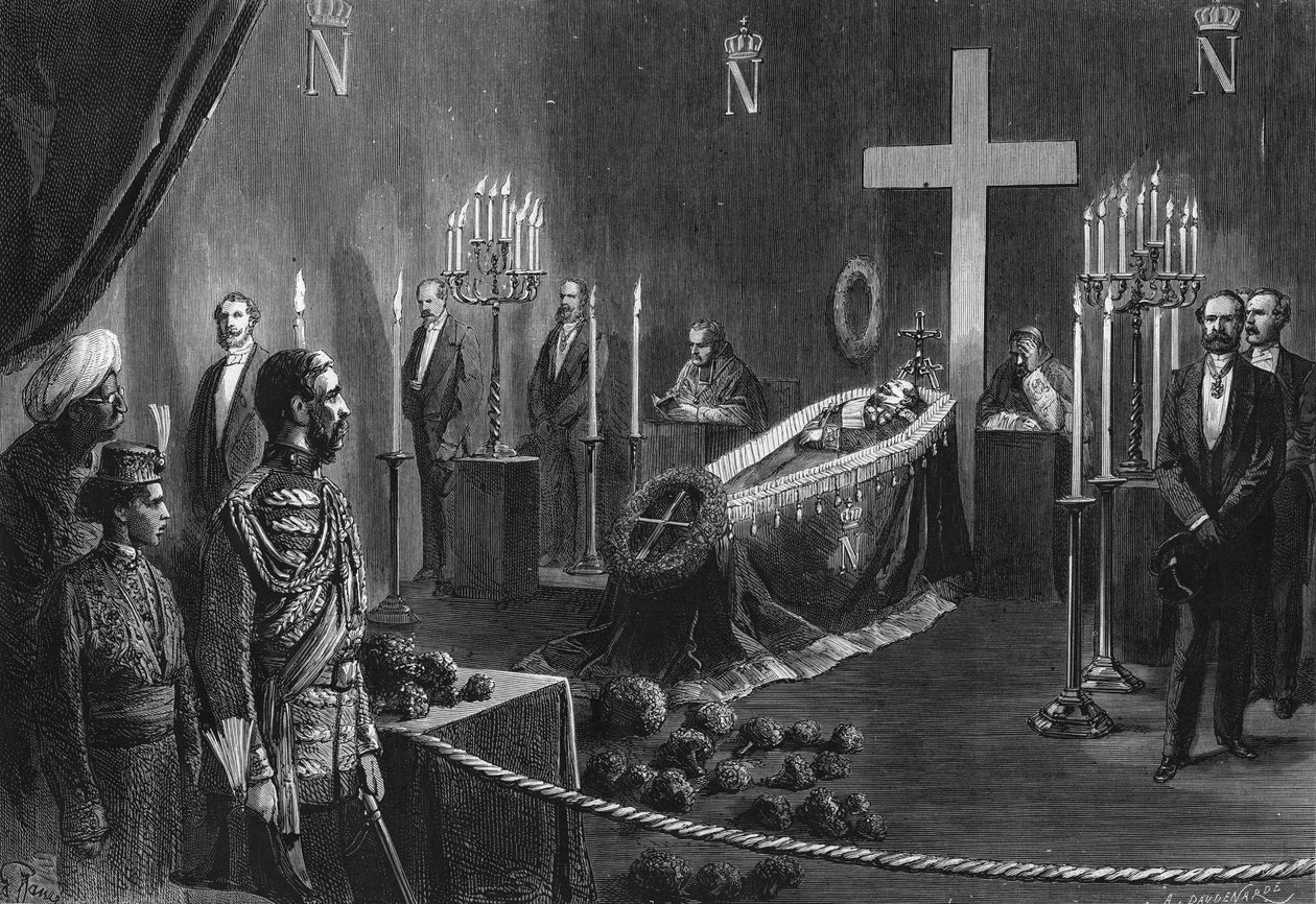 Muerte de Napoleón III: los restos de Napoleón III en la capilla ardiente de Cambden House el 14 de febrero de 1873. de French School