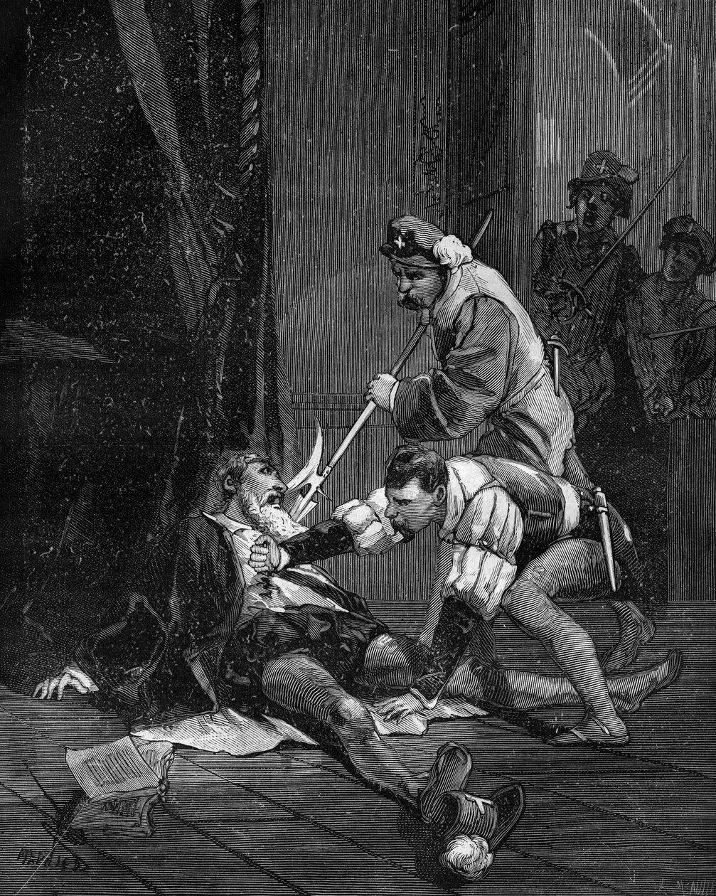 Muerte de Petrus Ramus. Pierre de La Ramee Humanista, matemático y filósofo francés (1515-1572) de French School