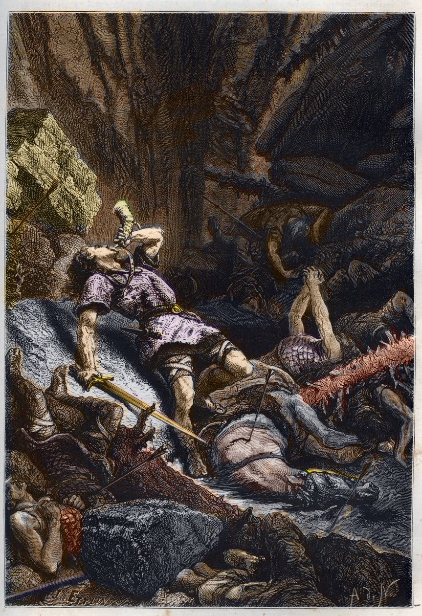 Muerte del caballero Roldán, sobrino de Carlomagno, en la Batalla de Roncesvalles (778) que enfrentó al ejército de Carlomagno y los sarracenos - Muerte de Roldán en la batalla del Paso de Roncesvalles, 778 - grabado de “L