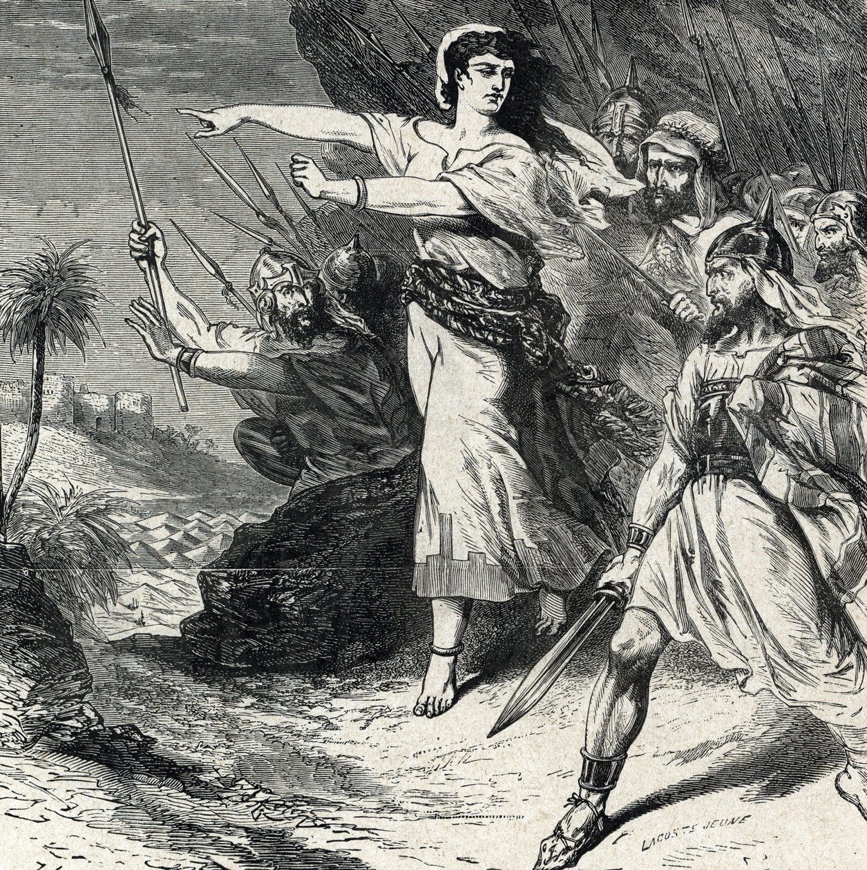 Débora conduce a la lucha al pueblo de Israel oprimido por Jabín, rey de Canaán. Grabado de la "Historia Sagrada" de Lahure, siglo XIX Colección privada de French School