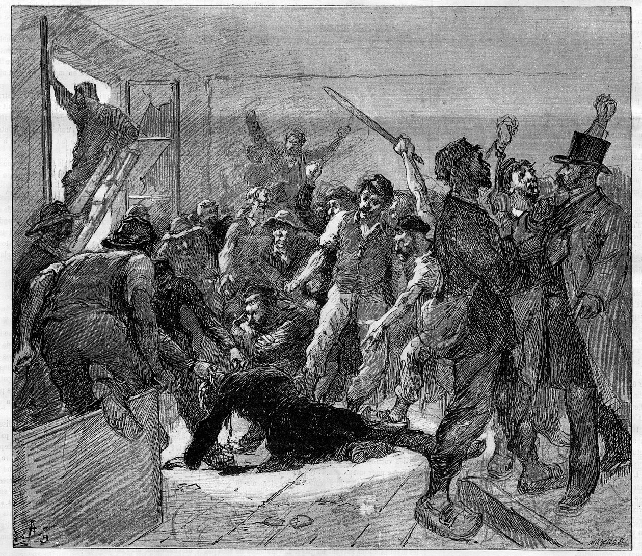 Huelga de mineros en Decazeville (Aveyron) en 1886: el ingeniero Watrin fue asesinado por los huelguistas. Grabado en "Le Monde Illustré", 6 de febrero de 1886 de French School