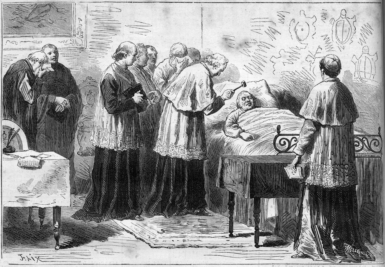 Fallecimiento del Papa Pío IX: ritual de reconocimiento de la muerte del Papa. Un cardenal golpea la frente del fallecido con un martillo de plata. Grabado en 