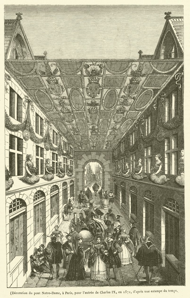 Decoración del Puente de Notre-Dame en París para la entrada de Carlos IX en 1571 (grabado) de French School