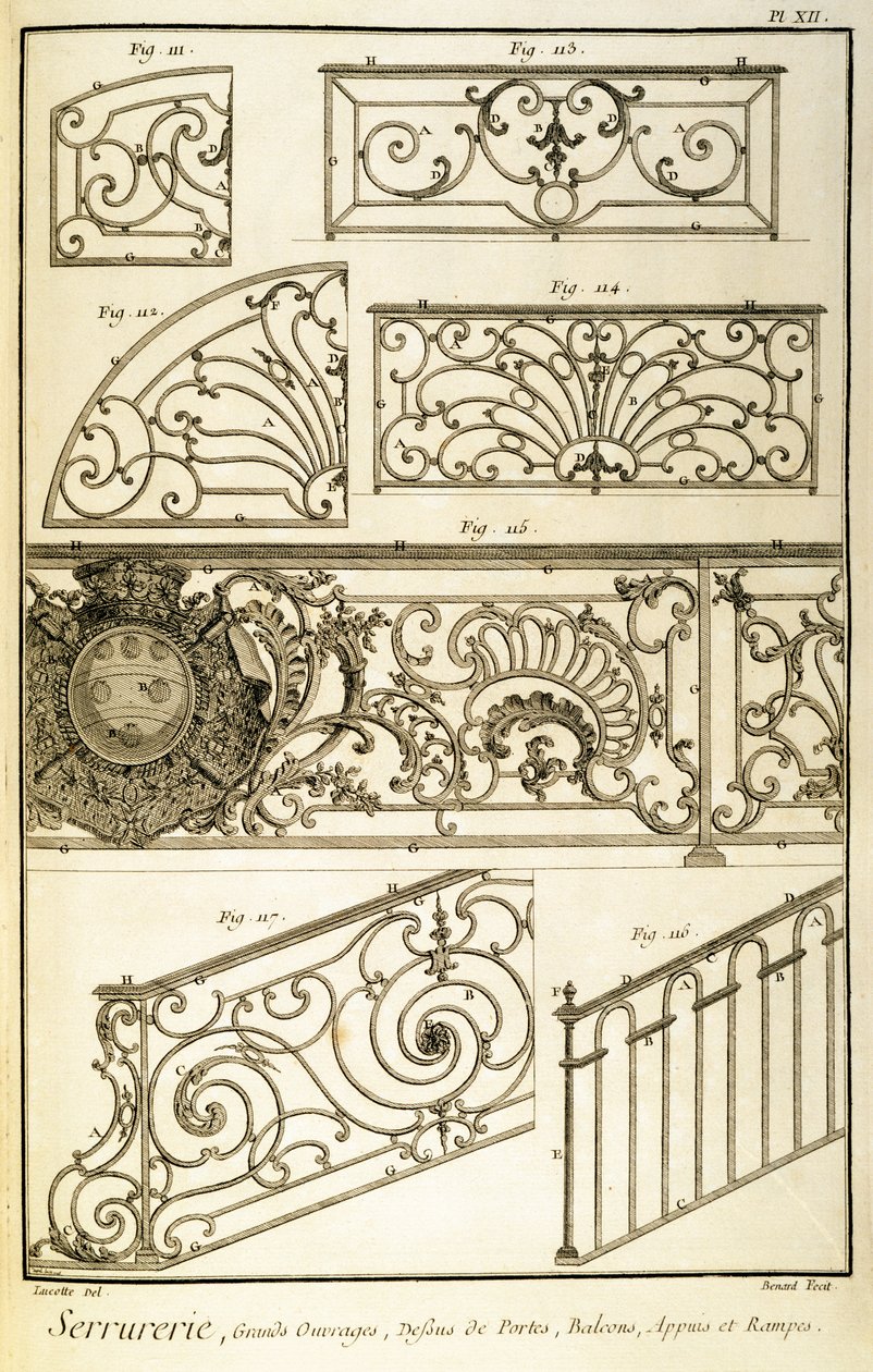 Hierro decorativo, de la Enciclopedia de Diderot, pub. 1771 de French School