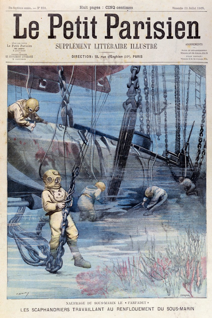 Buzos de aguas profundas intentando levantar el Farfadet, de Le Petit Parisien, 23 de julio de 1905 de French School