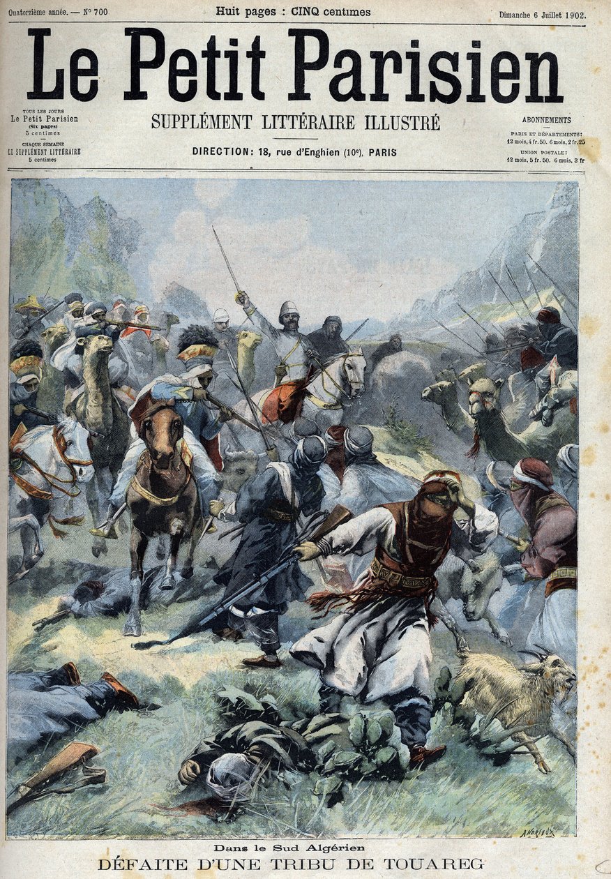 Derrota de una tribu tuareg contra los franceses en el sur de Argelia, en "Le Petit Parisien" de French School