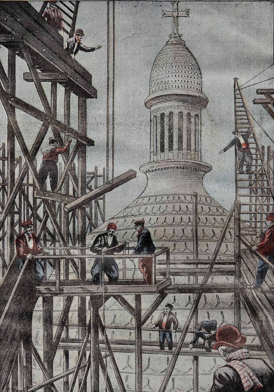Demostración del andamiaje revelando el final de la construcción de la cúpula de la Basílica de Montmartre. Grabado en “Le Pelerin” 17/12/1899 de French School