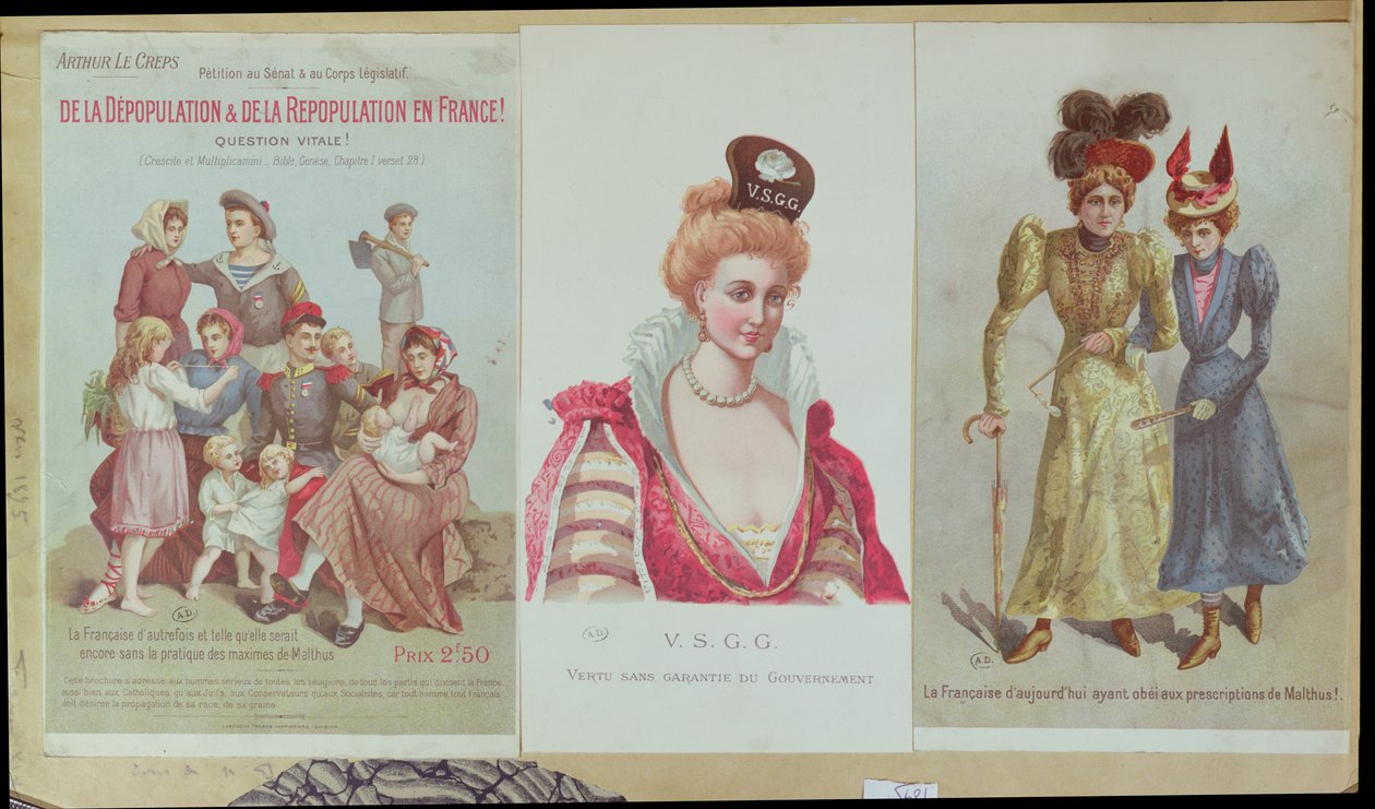 Despoblación y repoblación en Francia, folleto de Arthur Le Creps contra el maltusianismo, 1895 (grabado en color) de French School