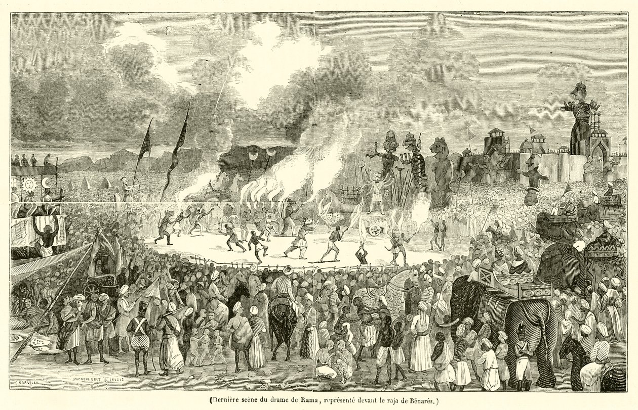 Última escena del drama de Rama, representado ante el rajá de Benarés (grabado) de French School