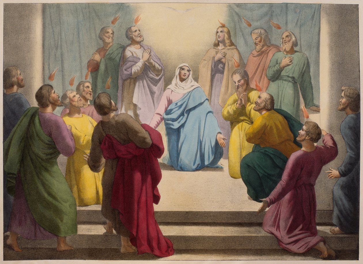 Descenso del Espíritu Santo, ilustración de un catecismo LHistoire Sainte, publicado por Charles Delagrave, París, finales del siglo XIX de French School