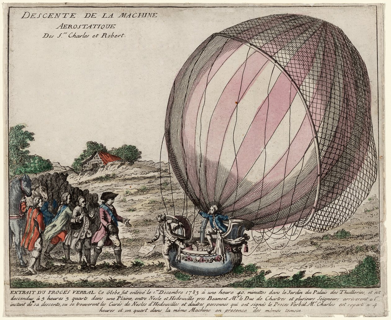 Descenso de la Máquina Aerostática de los Srs. Charles y Robert, pub. 1783 (grabado coloreado a mano) de French School