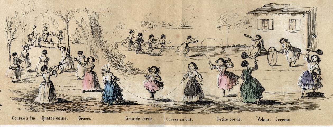 Descripción de los pasatiempos y juegos infantiles: juegos de niñas, juego de cuatro esquinas, saltar la cuerda, correr por el objetivo, aro y volante. Placa “los juegos de la infancia” en “les Recreations instructives” Pintura sinóptica de Jules DELBRUCK, de French School