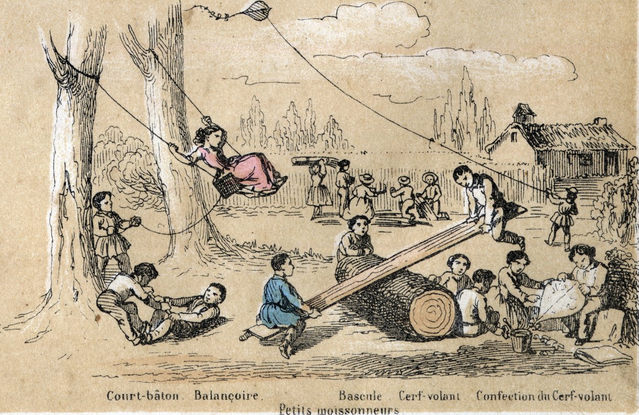 Descripción de las actividades y juegos de ocio infantil: juegos al aire libre, palo corto, columpio, balanceo y fabricación de una cometa. en "les jeux de l