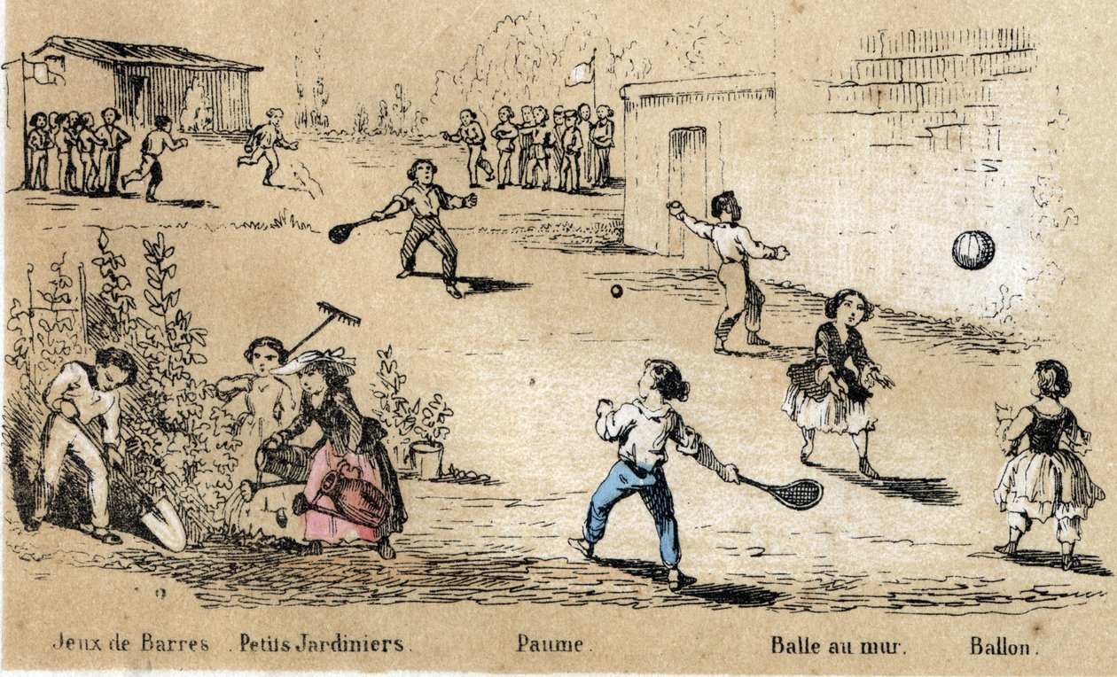 Descripción de los juegos y recreos infantiles: juegos de pelota y jardinería. Placa “los juegos de la infancia” en “Las recreaciones instructivas” Pintura sinóptica de Jules DELBRUCK, grabado de 1860. Colección privada de French School