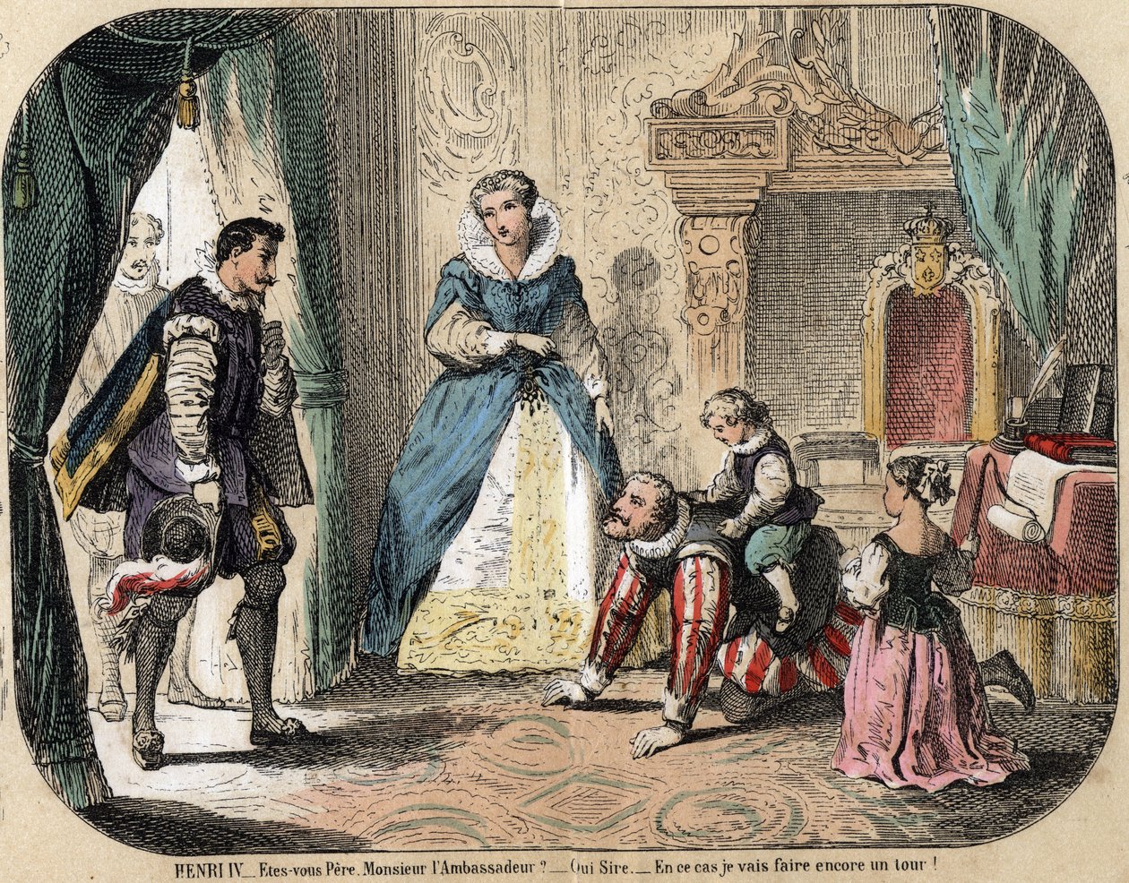 Descripción de los juegos y recreos infantiles: el Rey de Francia Enrique IV (1553-1610) jugando con sus hijos (probablemente Luis XIII y Isabel de Francia) frente al embajador español. La Reina María de Médicis está presente. Placa “les jeux de l
