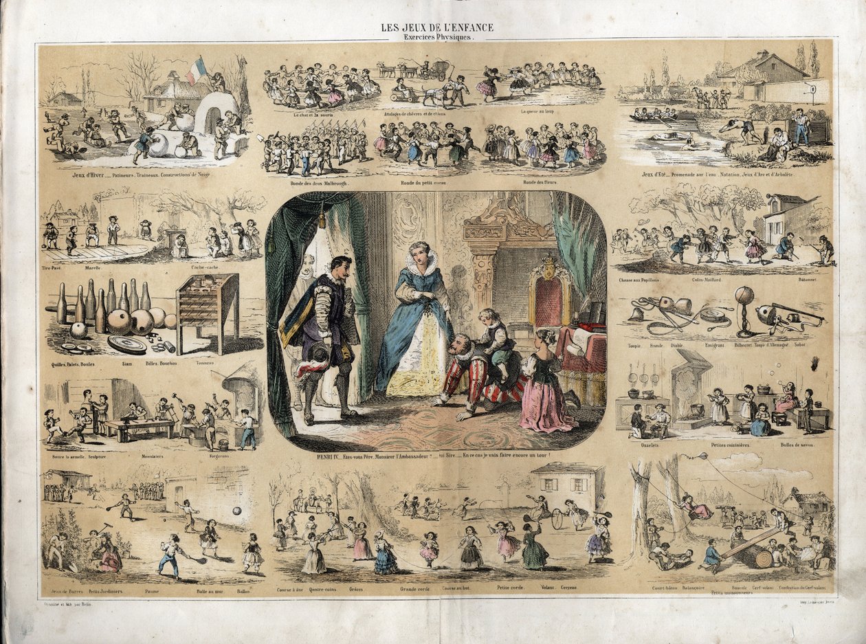 Descripción del ocio y juego de los niños: en el centro el Rey Enrique IV (1553-1610) jugando con sus hijos (probablemente Luis XIII y Isabel de Francia) frente al embajador español. La reina María de Médicis está presente. de French School