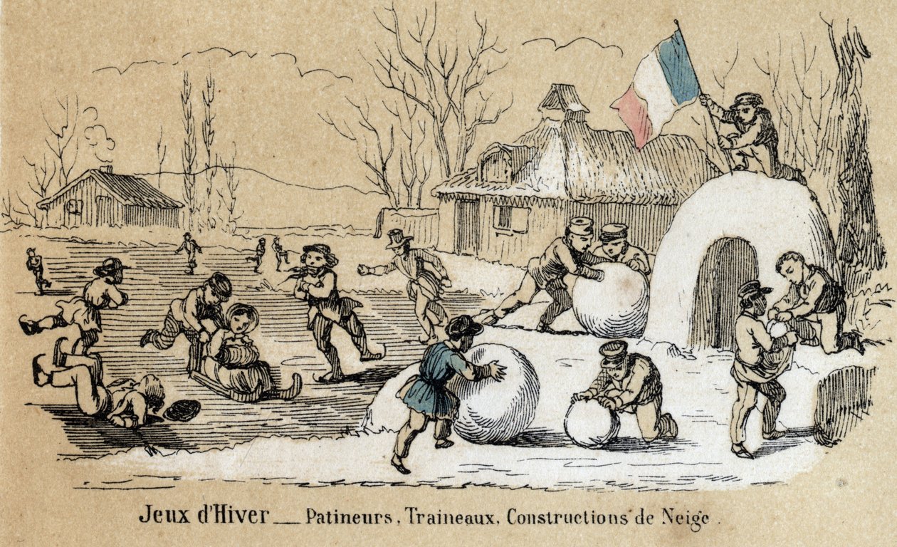 Descripción de los juegos y recreos infantiles: juegos de invierno, patinaje, trineo y construcción de nieve. Placa “los juegos de la infancia” en “Las recreaciones instructivas” Pintura sinóptica de Jules DELBRUCK, grabado de 1860. Colección privada de French School
