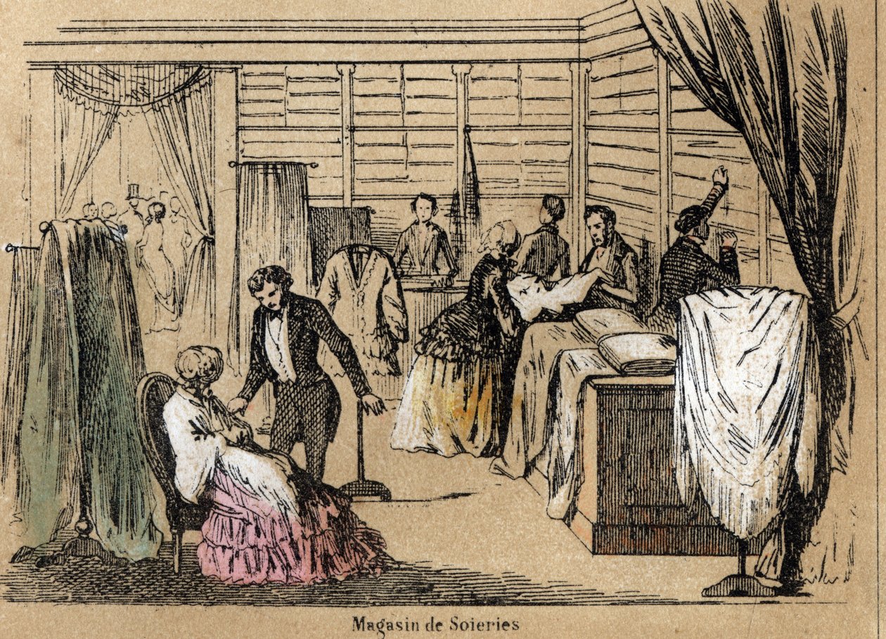 Descripción de la cultura y productos de la seda: una tienda de seda. Placa “la seda” en “les Recreations instructives” Pintura sinóptica de Jules DELBRUCK, grabado de 1860. Colección privada de French School