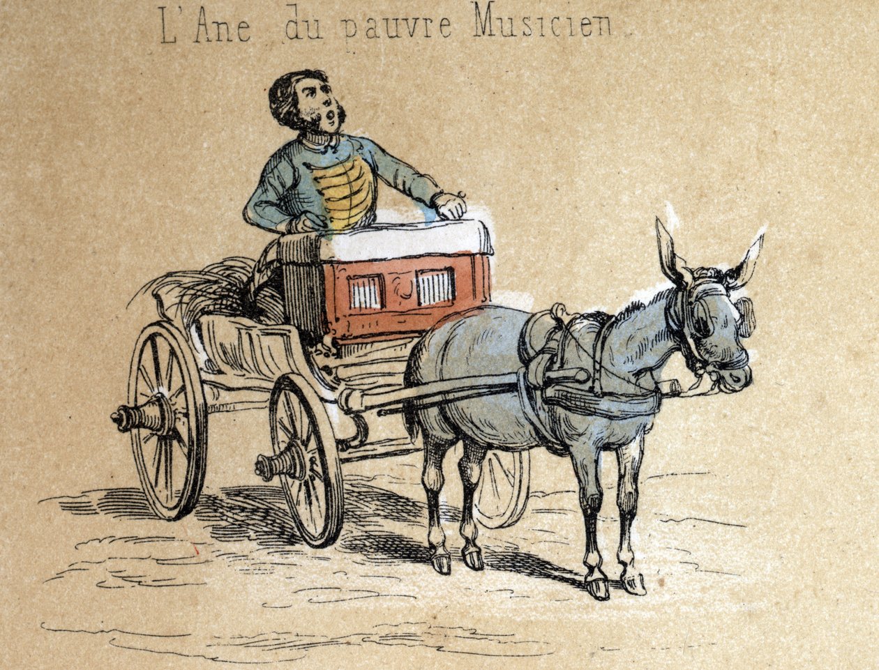 Descripción de los diferentes productos y usos del burro: el animal acompaña al músico ambulante (detalle). Placa 