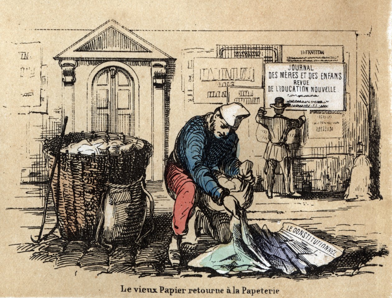 Descripción de los diferentes productos y usos del papel: el papel viejo se recoge para convertirse nuevamente en trapo. Placa “El papel y sus productos” en “les Recreations instructives” Pintura sinóptica de Jules Delbruck, grabado de 1860. Colección priv de French School